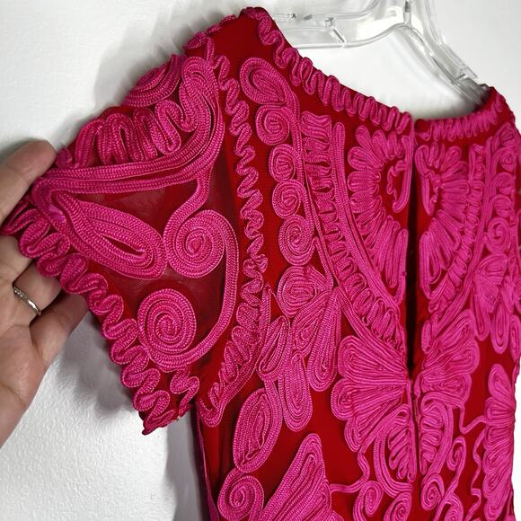 JS Collections Sz 10 Soutache Embroidered Tea-Length Midi Dress Red Hot Pink - Picture 5 of 11